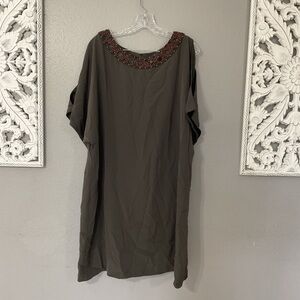 ADRIANNA PAPELL Women's Green Beaded Collar Cold Shoulder Dress Sz 10 NWT D129